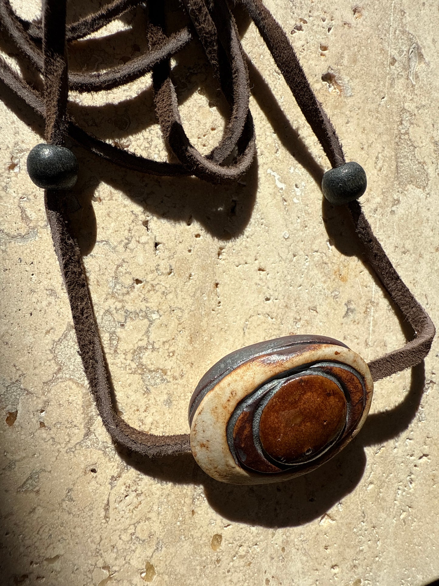 Midcentury Ceramic & Deerskin Necklace