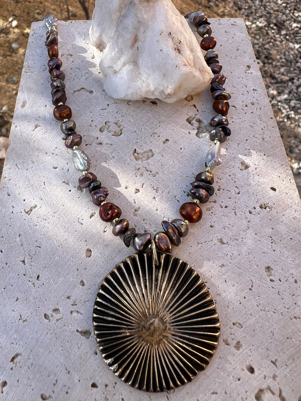 Keshi Pearls & Bronze Sun Necklace