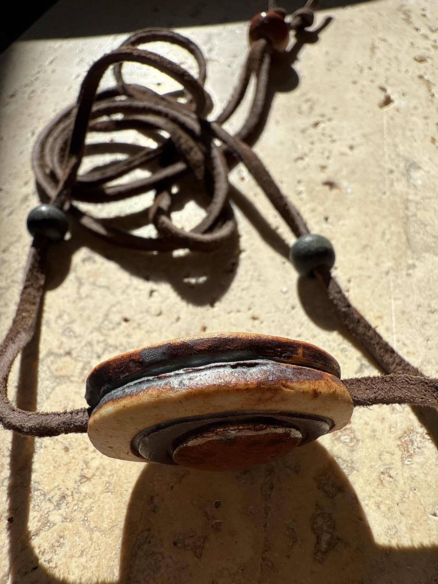 Midcentury Ceramic & Deerskin Necklace