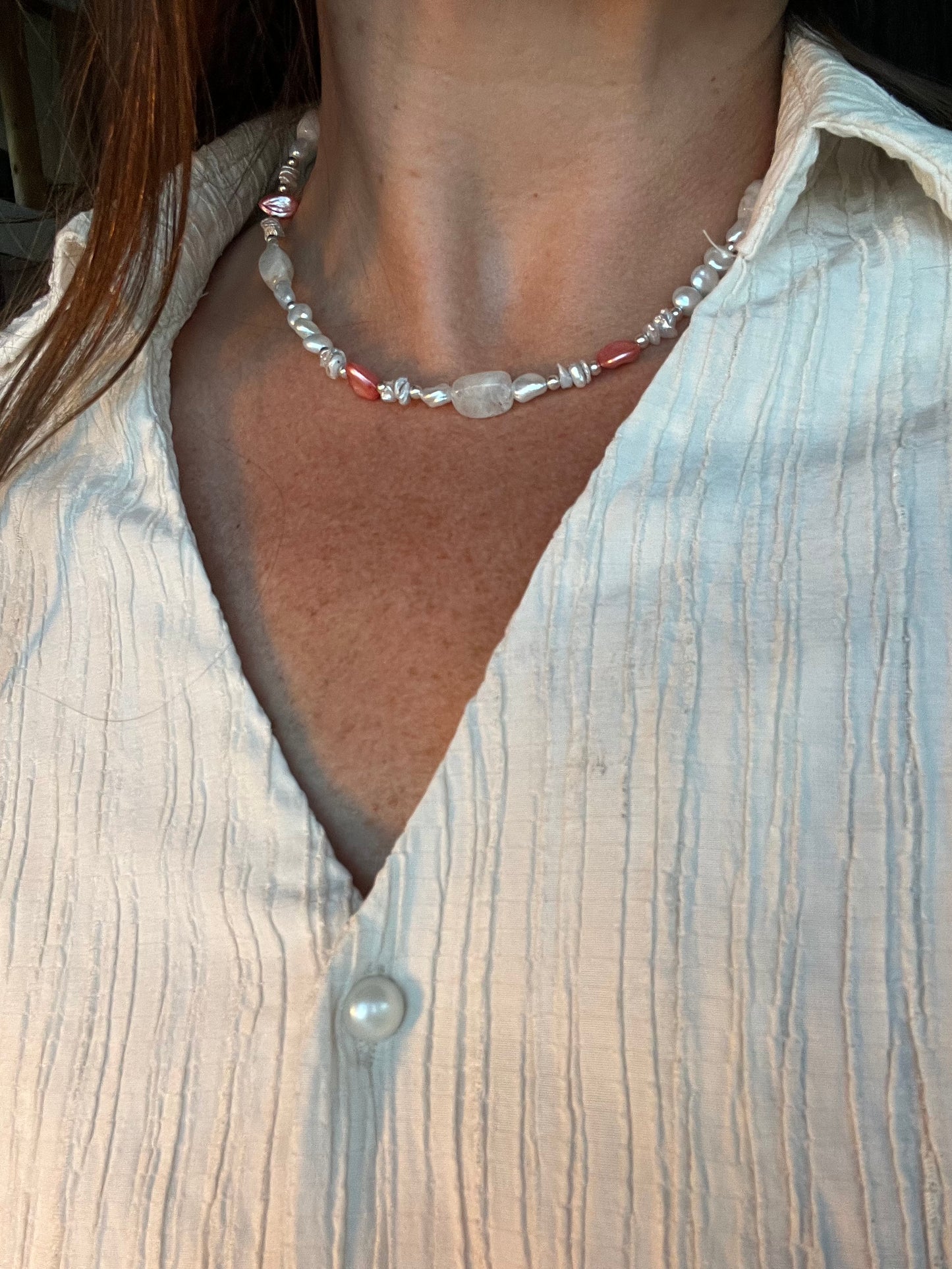 Moonstone & Pink Keshi Necklace