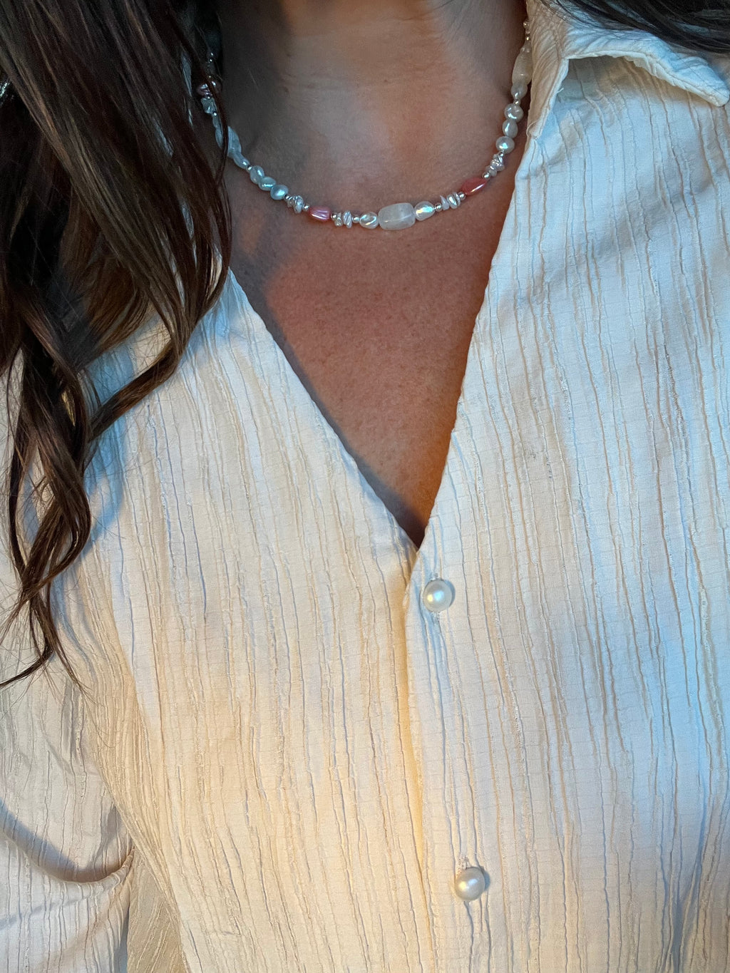 Moonstone & Pink Keshi Necklace