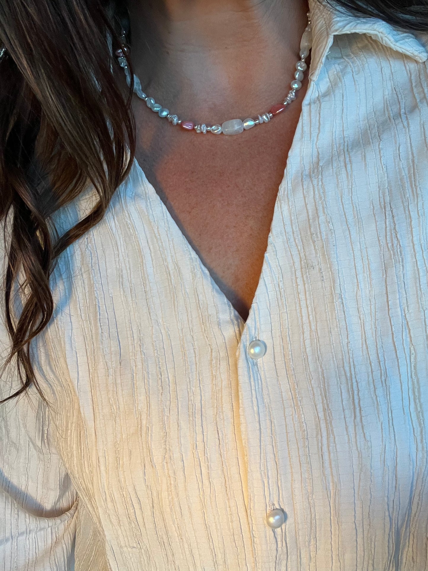 Moonstone & Pink Keshi Necklace