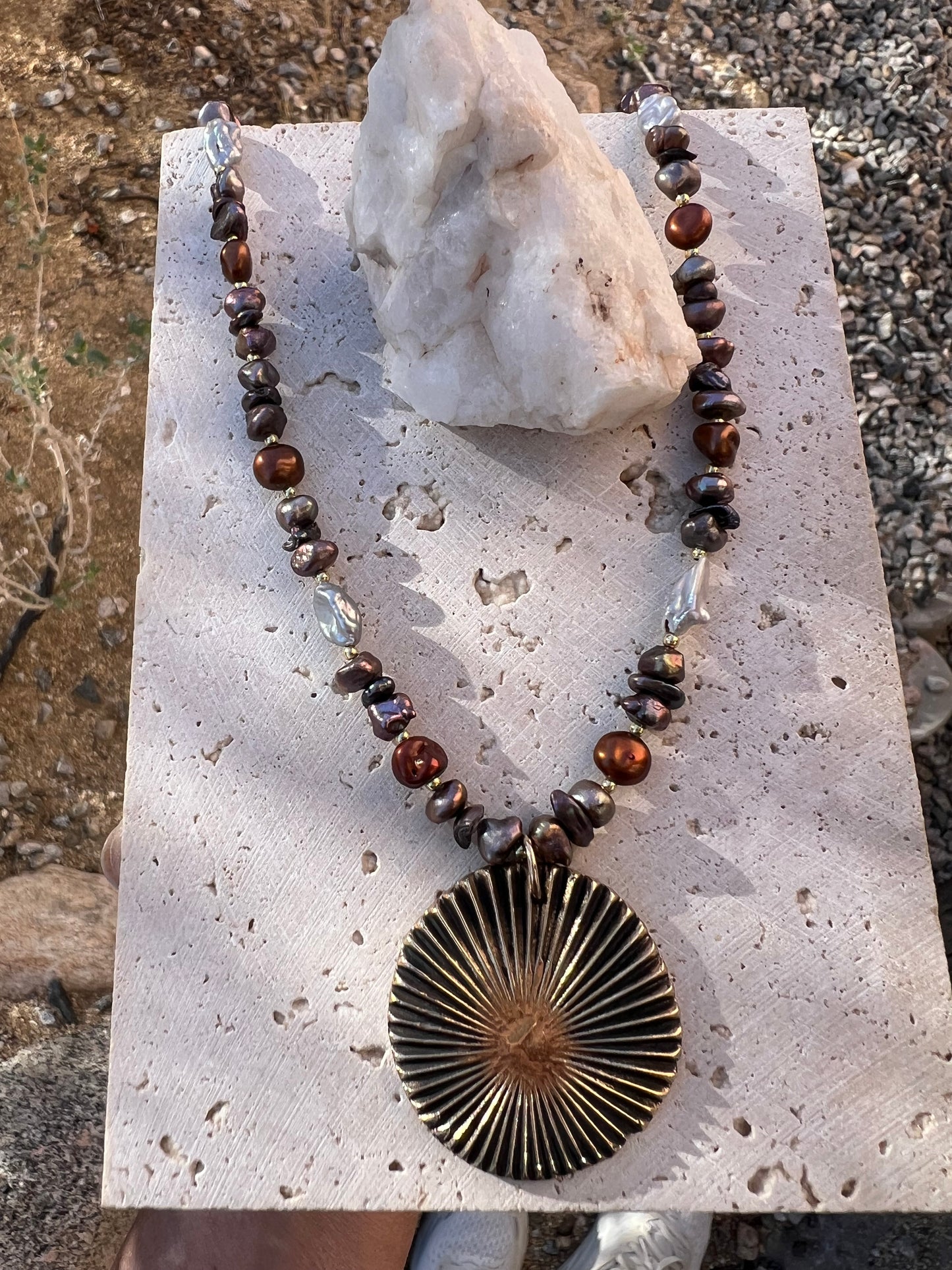 Keshi Pearls & Bronze Sun Necklace