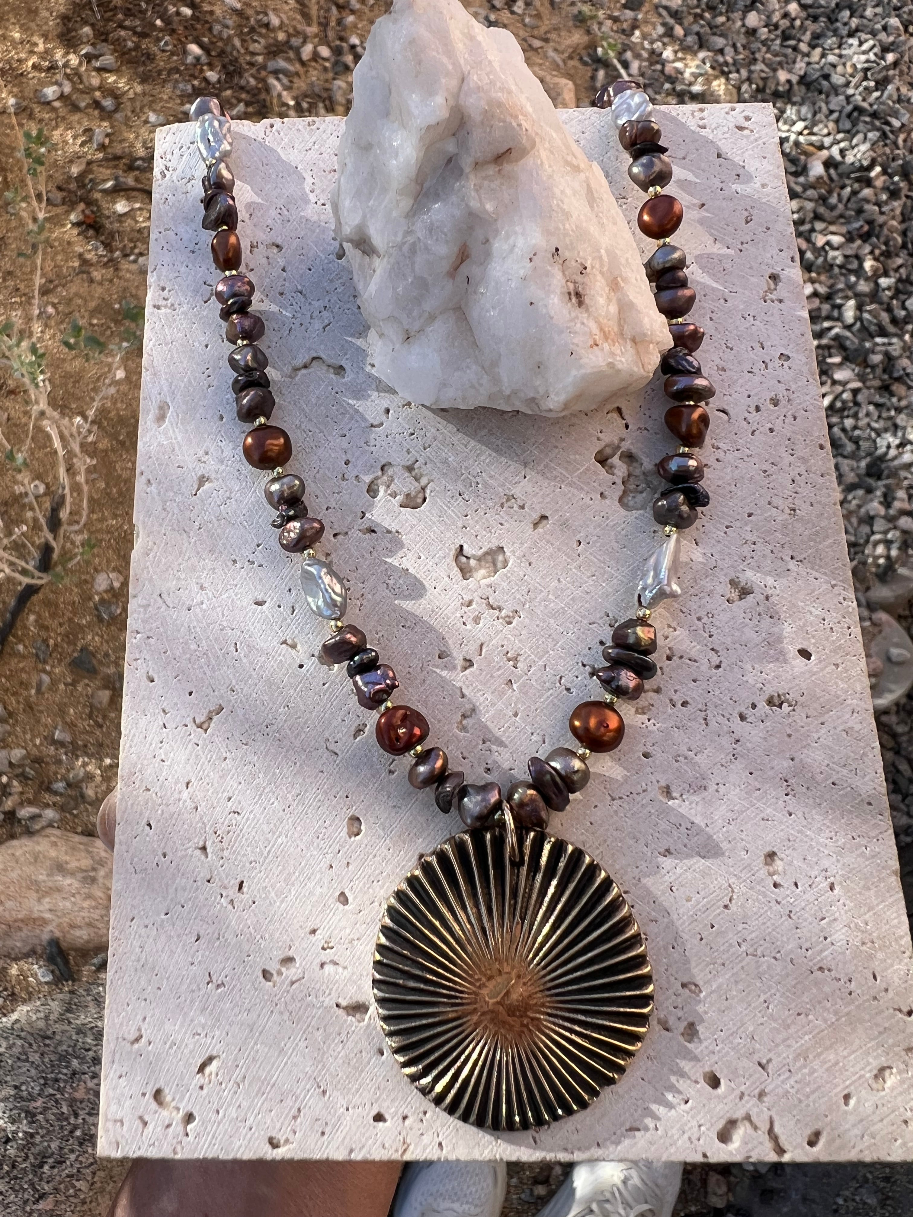 Keshi Pearls & Bronze Sun Necklace