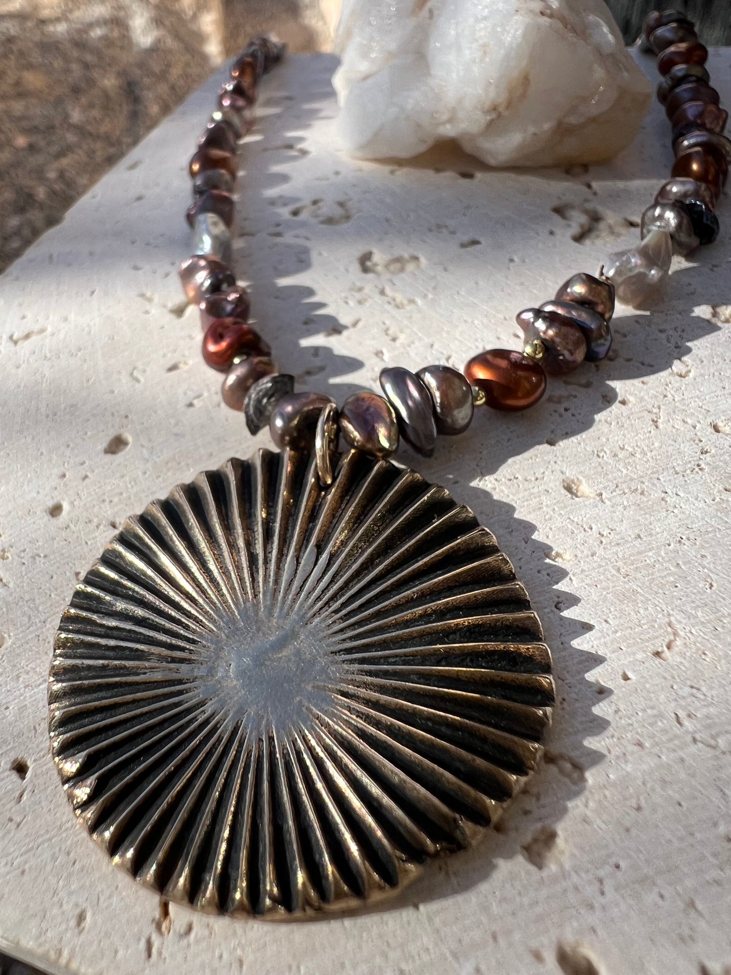 Keshi Pearls & Bronze Sun Necklace