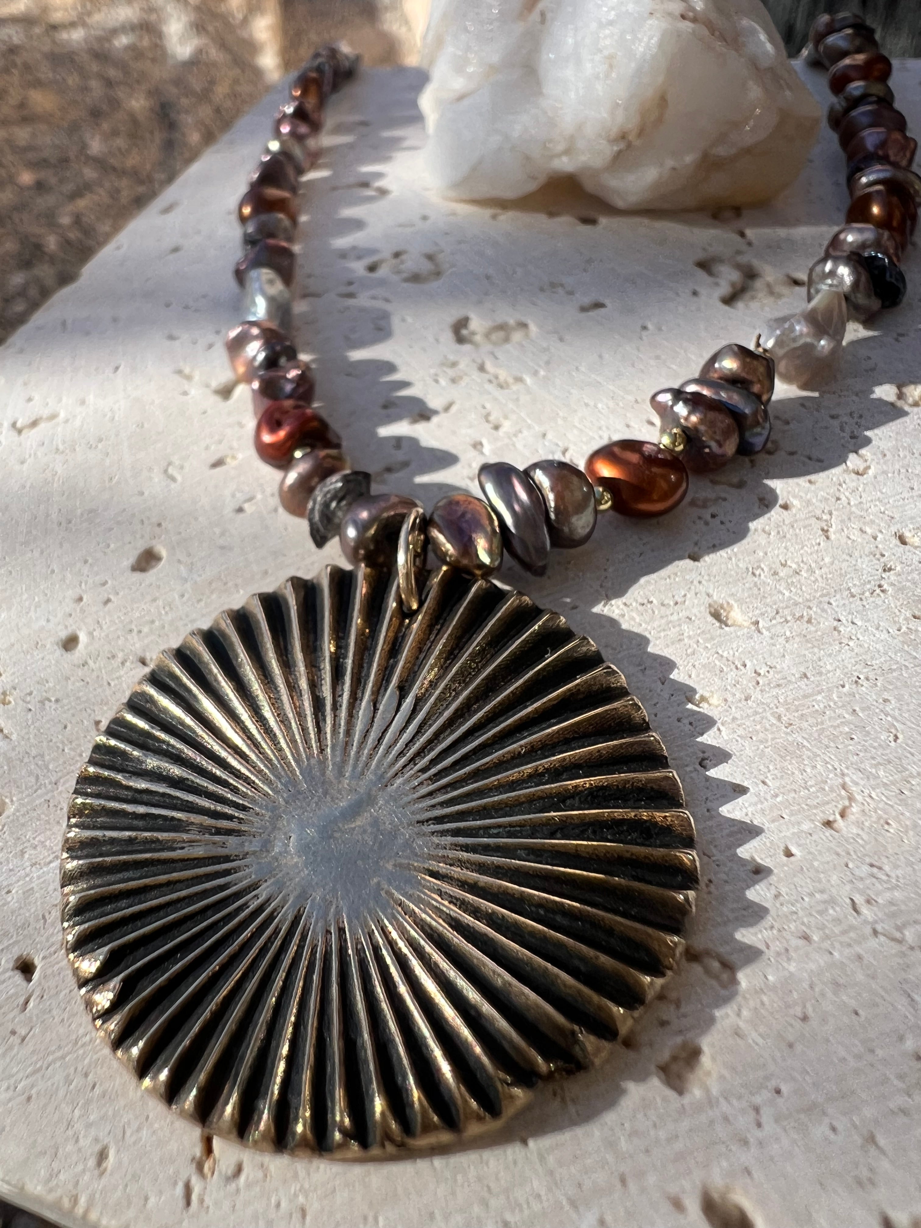Keshi Pearls & Bronze Sun Necklace