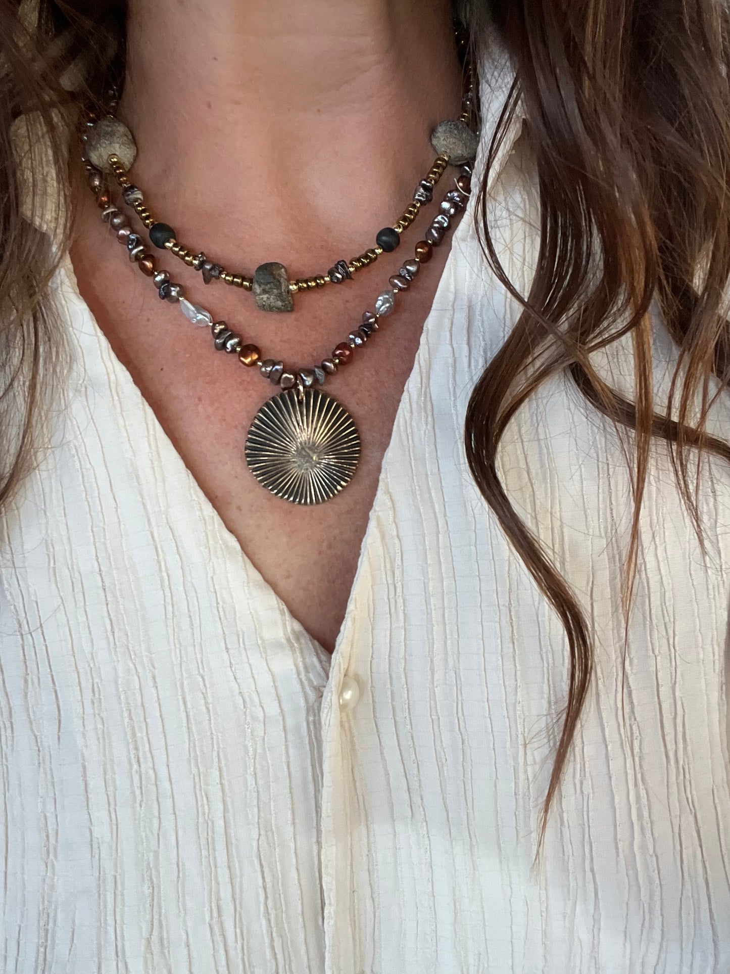 Keshi Pearls & Bronze Sun Necklace