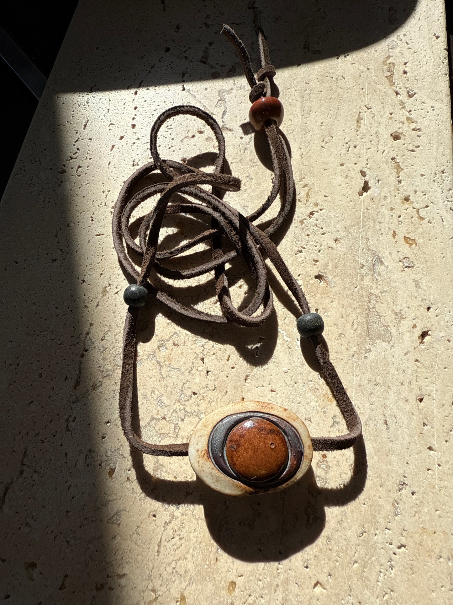 Midcentury Ceramic & Deerskin Necklace