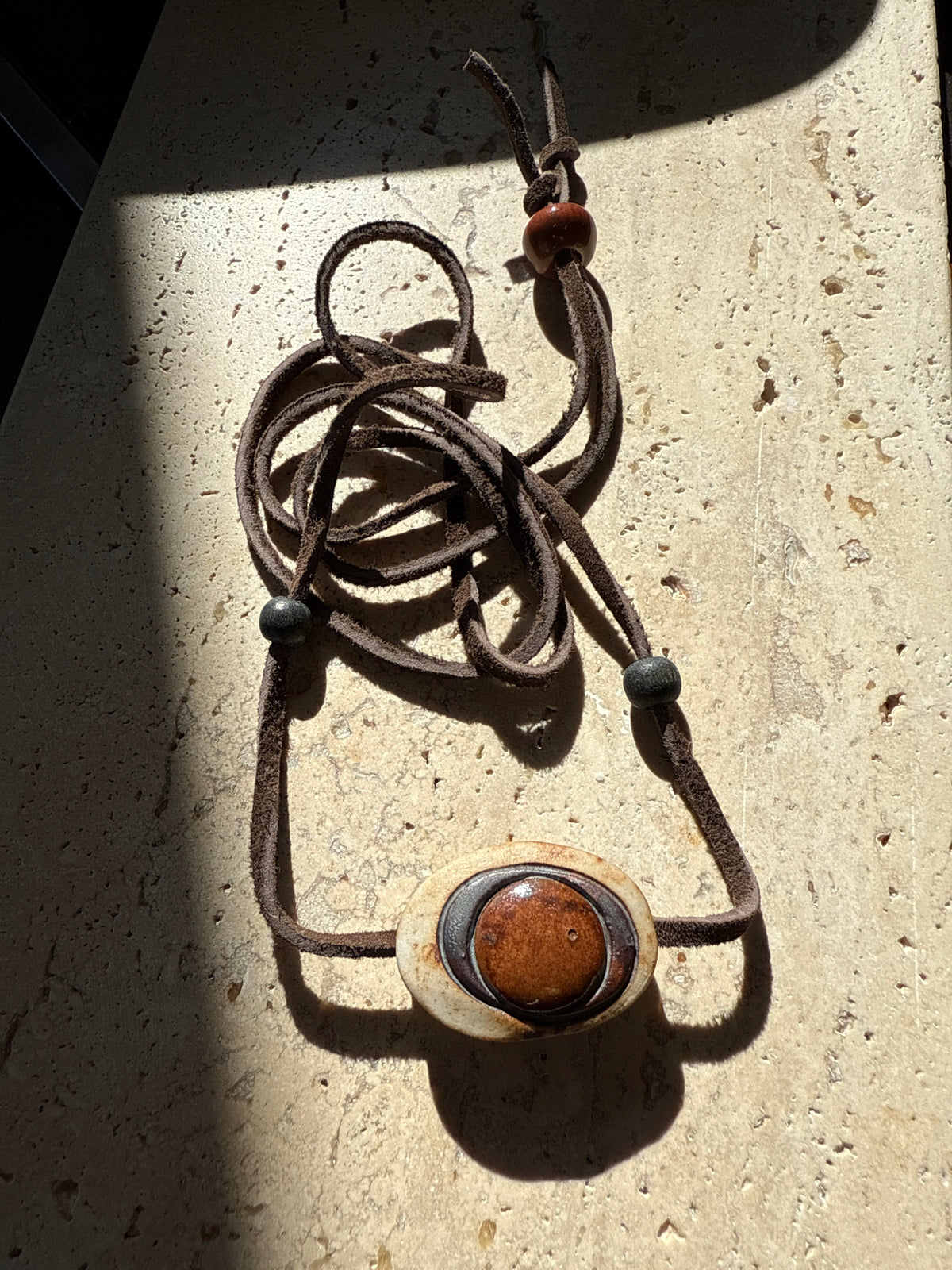 Midcentury Ceramic & Deerskin Necklace