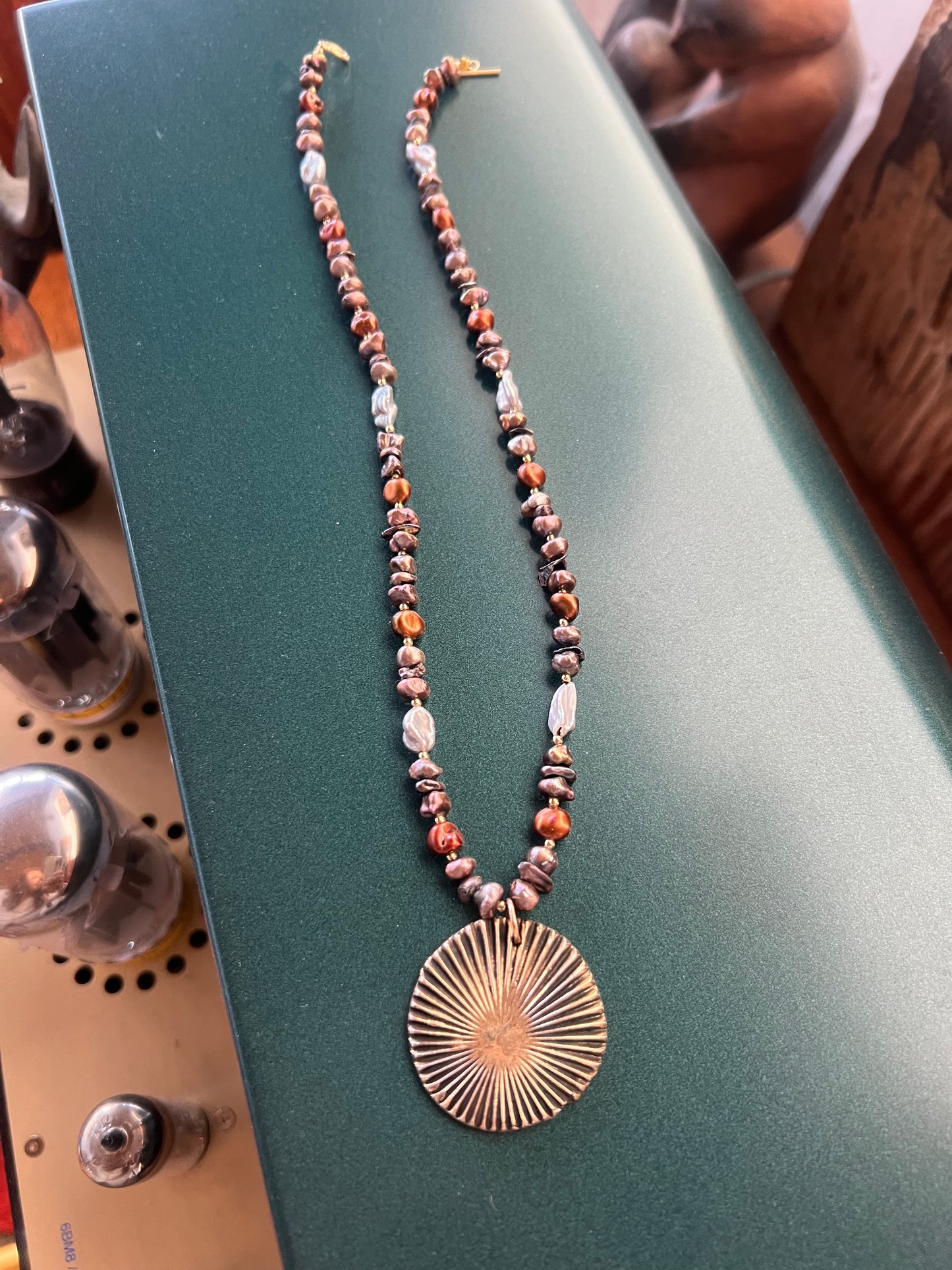 Keshi Pearls & Bronze Sun Necklace