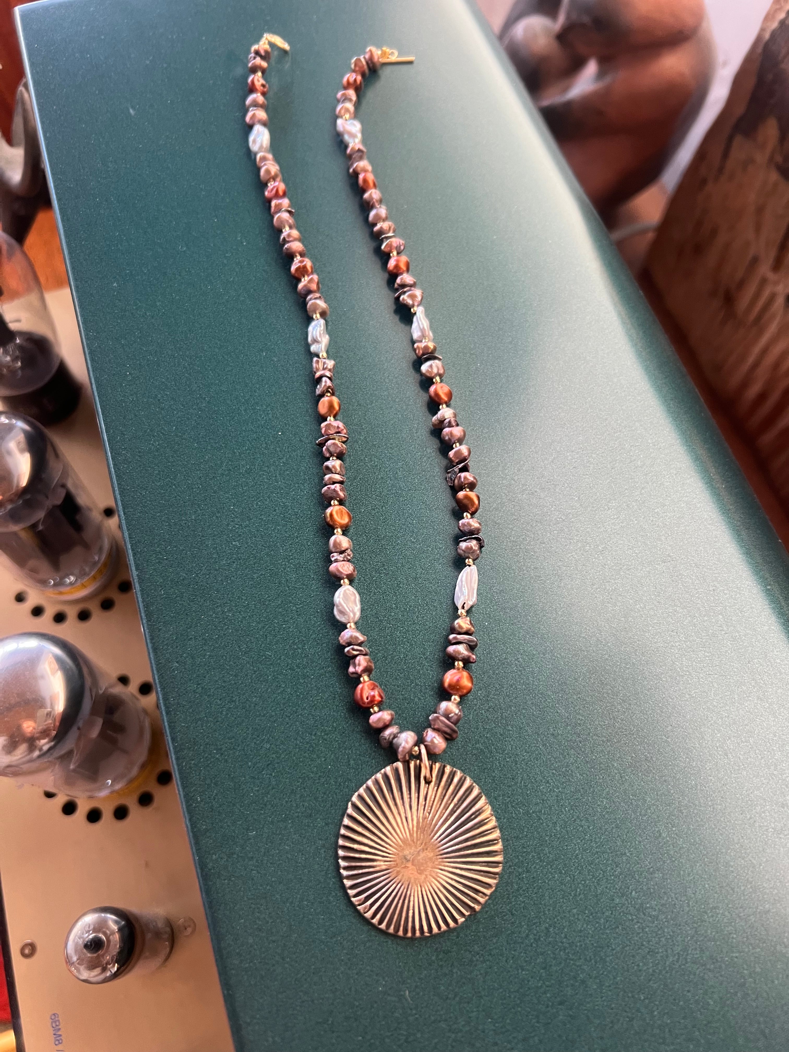 Keshi Pearls & Bronze Sun Necklace