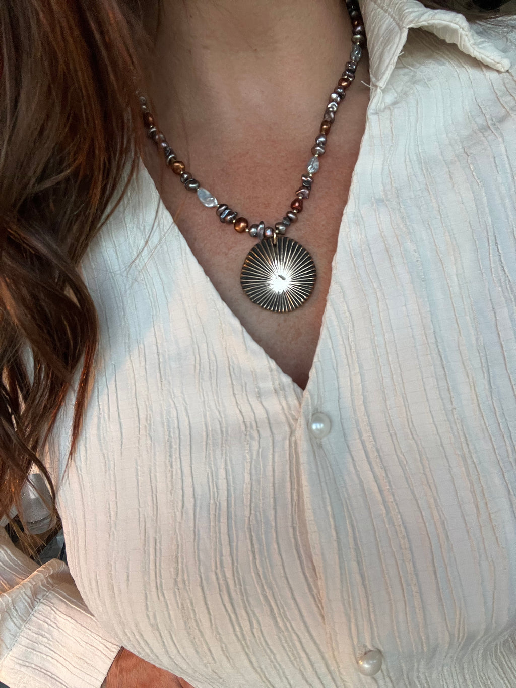 Keshi Pearls & Bronze Sun Necklace