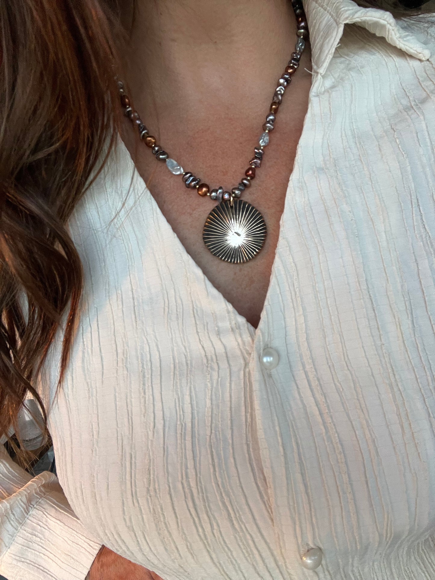Keshi Pearls & Bronze Sun Necklace