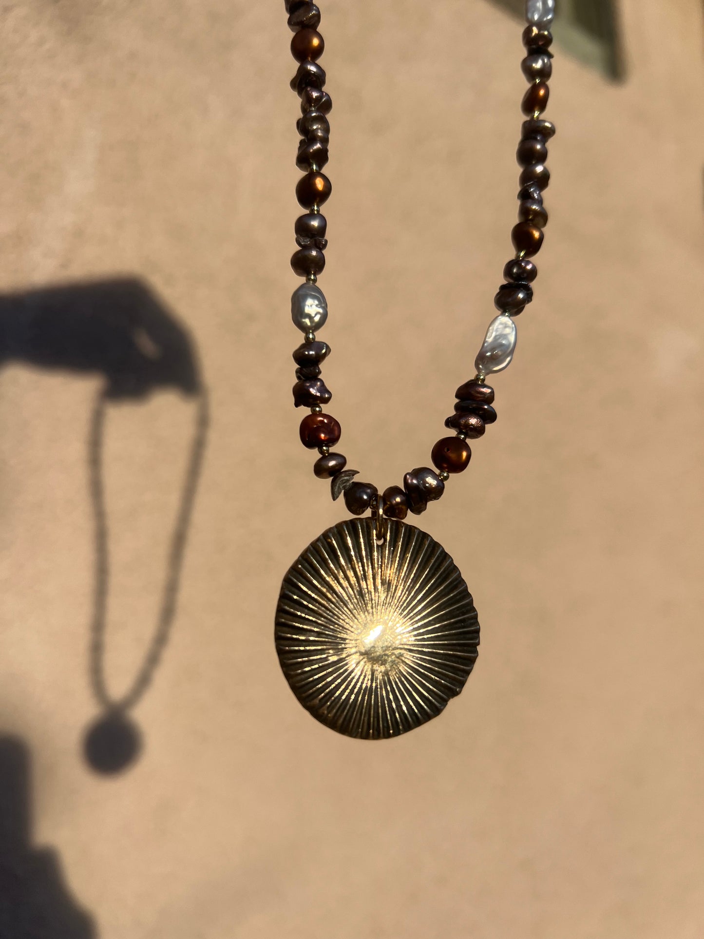 Keshi Pearls & Bronze Sun Necklace