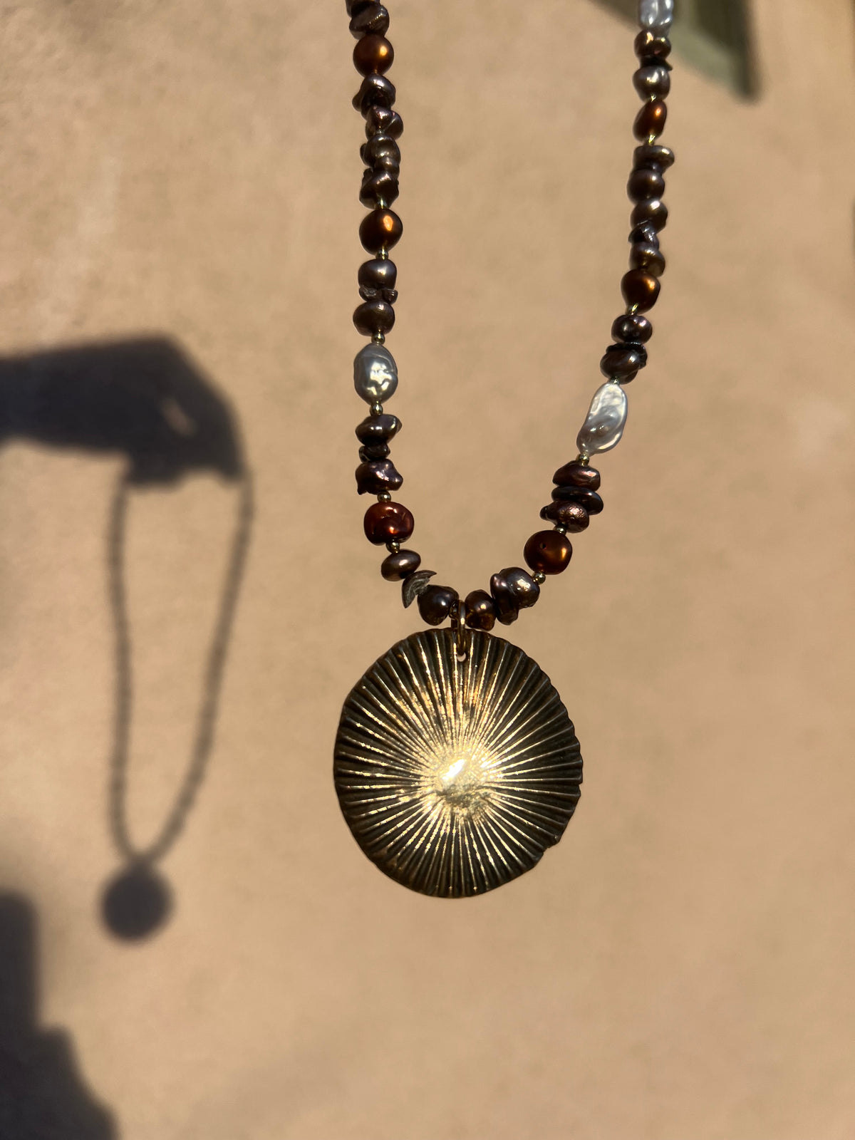 Keshi Pearls & Bronze Sun Necklace