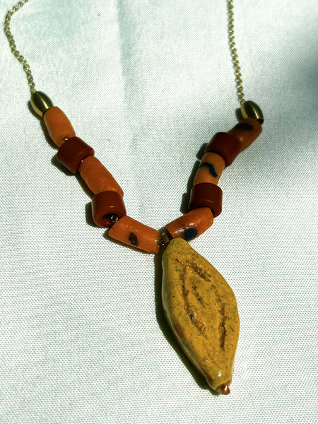 Sabi Sands Necklace: Vintage African Beads with large, handmade ceramic bead