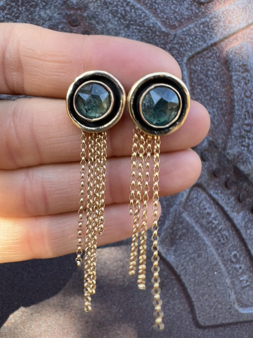 Teal Moss Kyanite Studs (with chain-jackets)