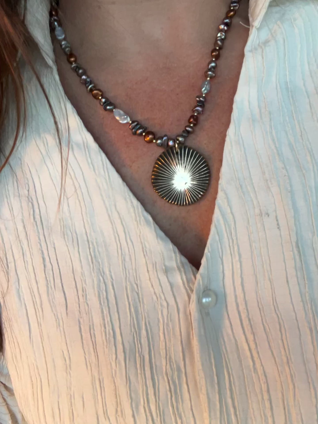 Keshi Pearls & Bronze Sun Necklace