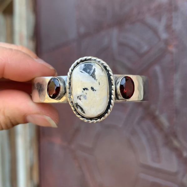 White Buffalo Turquoise + Garnet Cuff (OOAK)