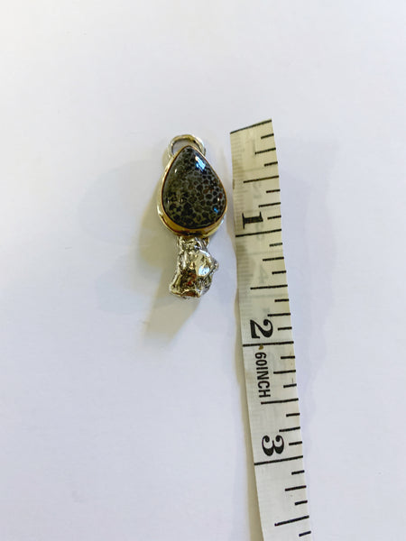 Black Fossilized Coral Mixed Metal pendant (with chain)
