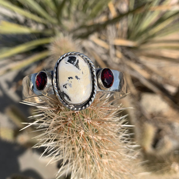 White Buffalo Turquoise + Garnet Cuff (OOAK)