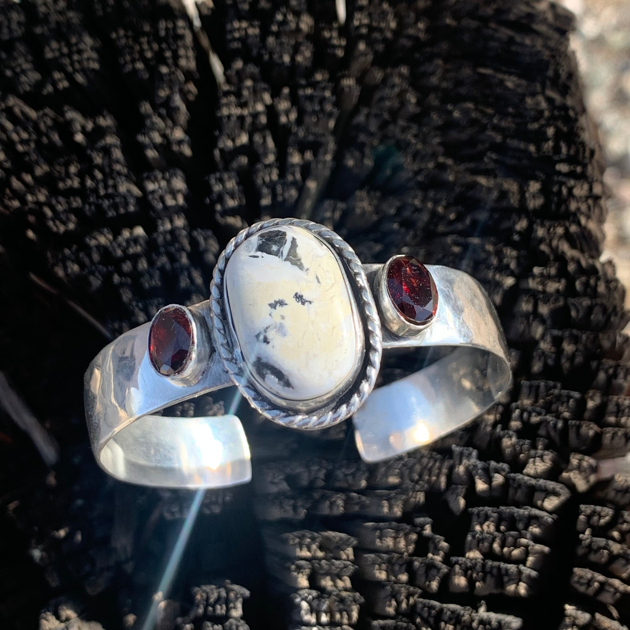 White Buffalo Turquoise + Garnet Cuff (OOAK)
