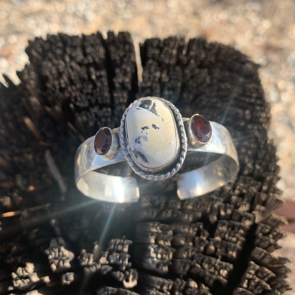 White Buffalo Turquoise + Garnet Cuff (OOAK)